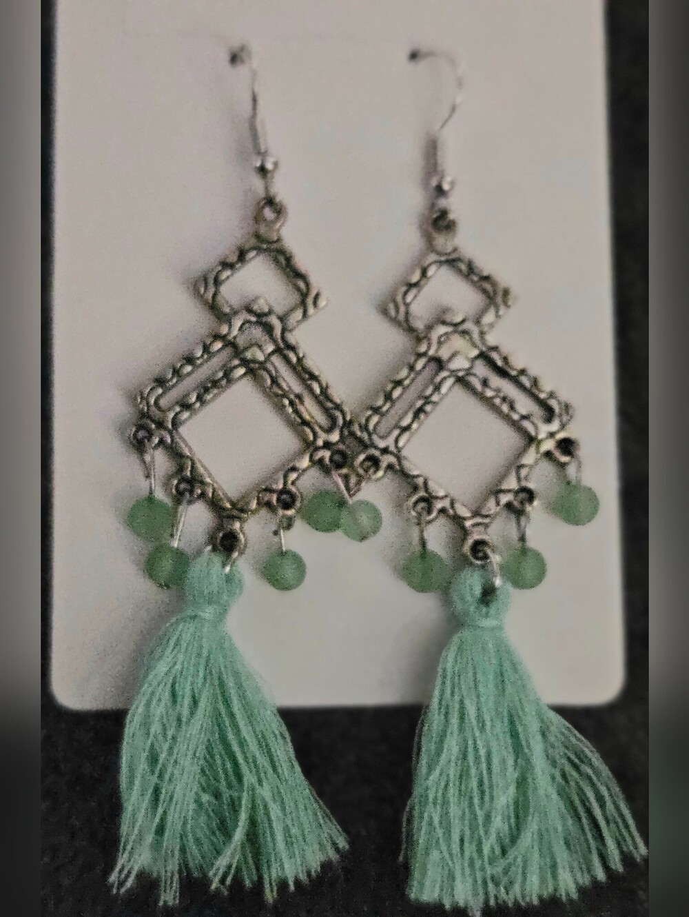 Mint Tassel Dangle Earrings — Silver-Tone Boho Chic